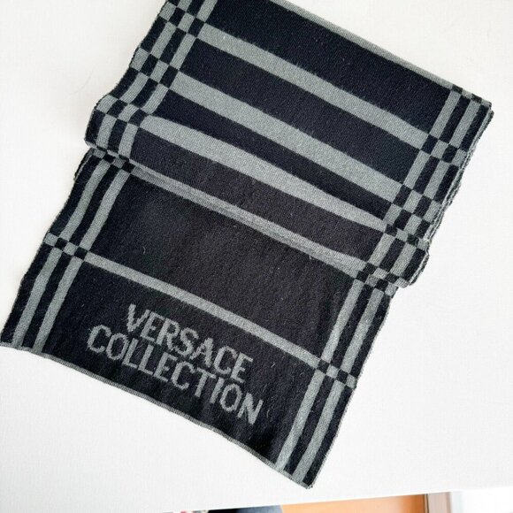 Versace Collection Reversible Wool Blend Grey Geometric Print Scarf - Picture 7 of 10